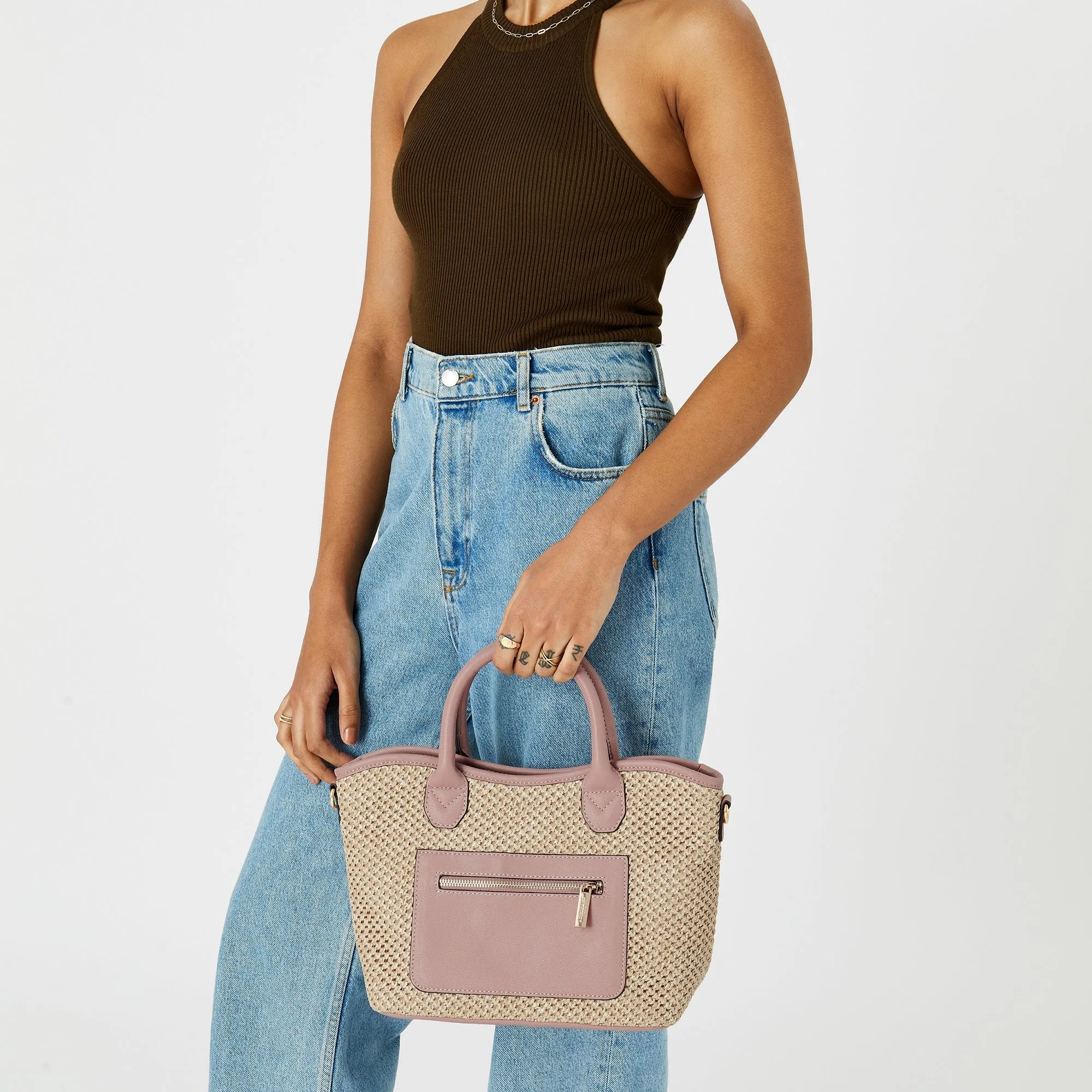 Accessorize London Women's Faux Leather Pink Rosie raffia handheld Tote bag