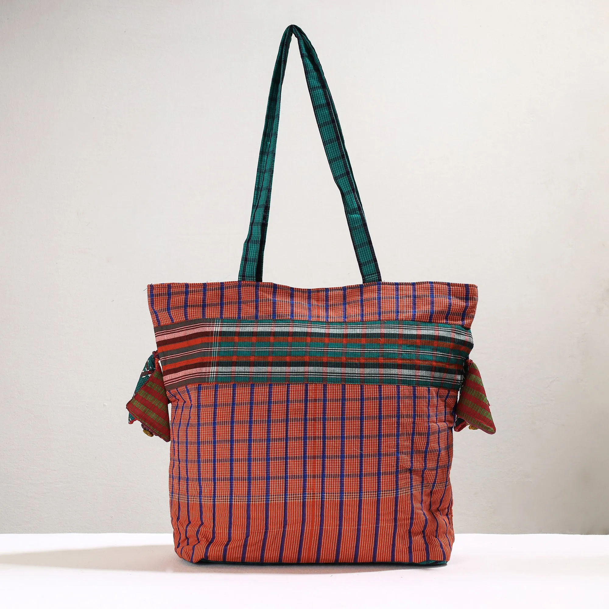 Orange - Handmade Gamcha Fabric Kantha Work Tote Bag