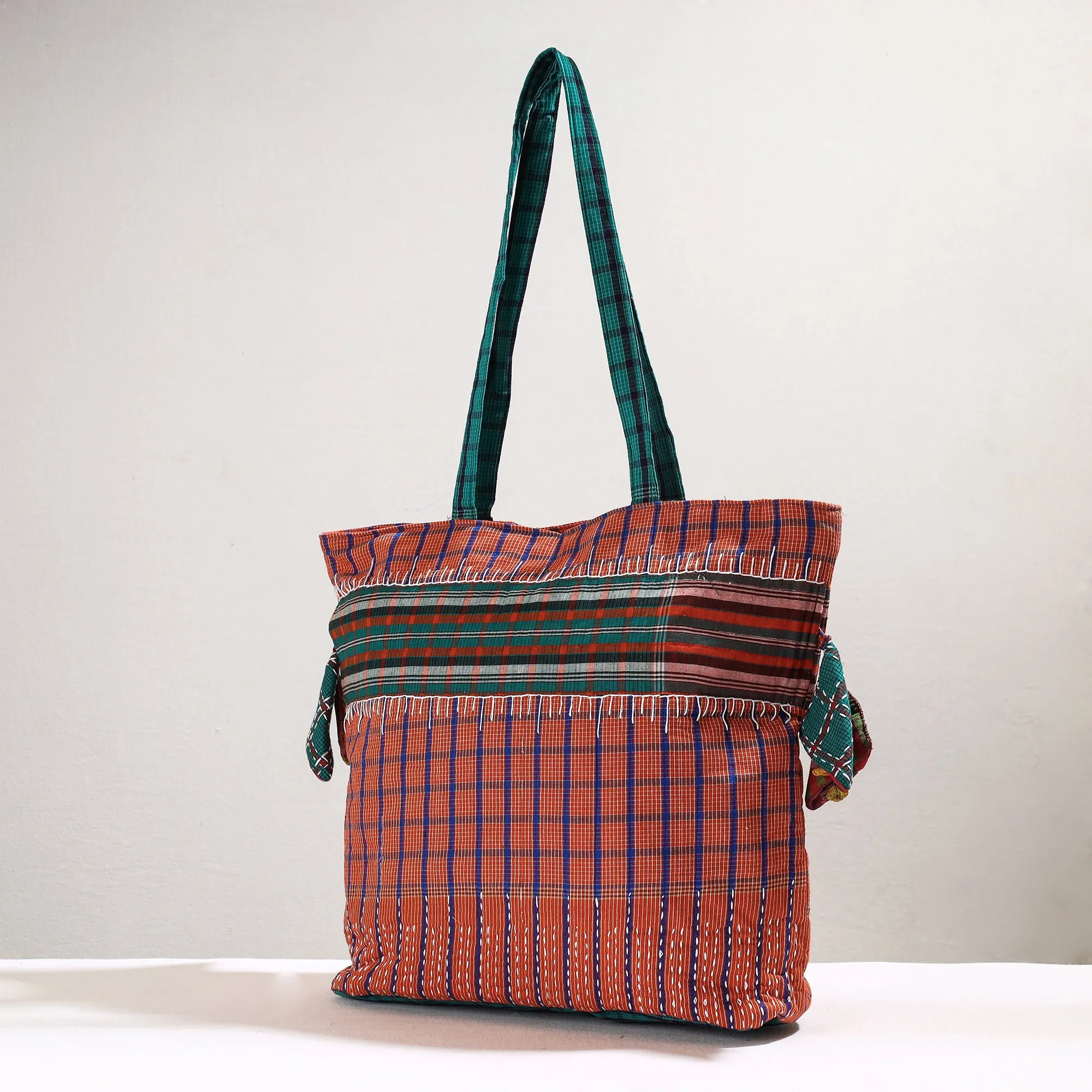 Orange - Handmade Gamcha Fabric Kantha Work Tote Bag