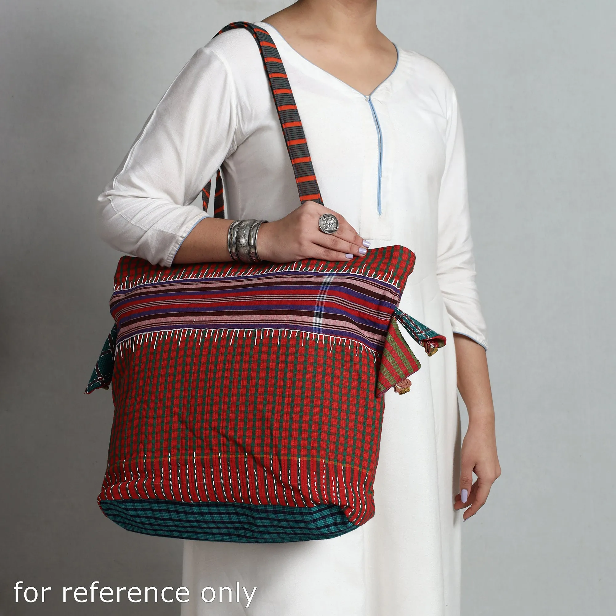 Orange - Handmade Gamcha Fabric Kantha Work Tote Bag