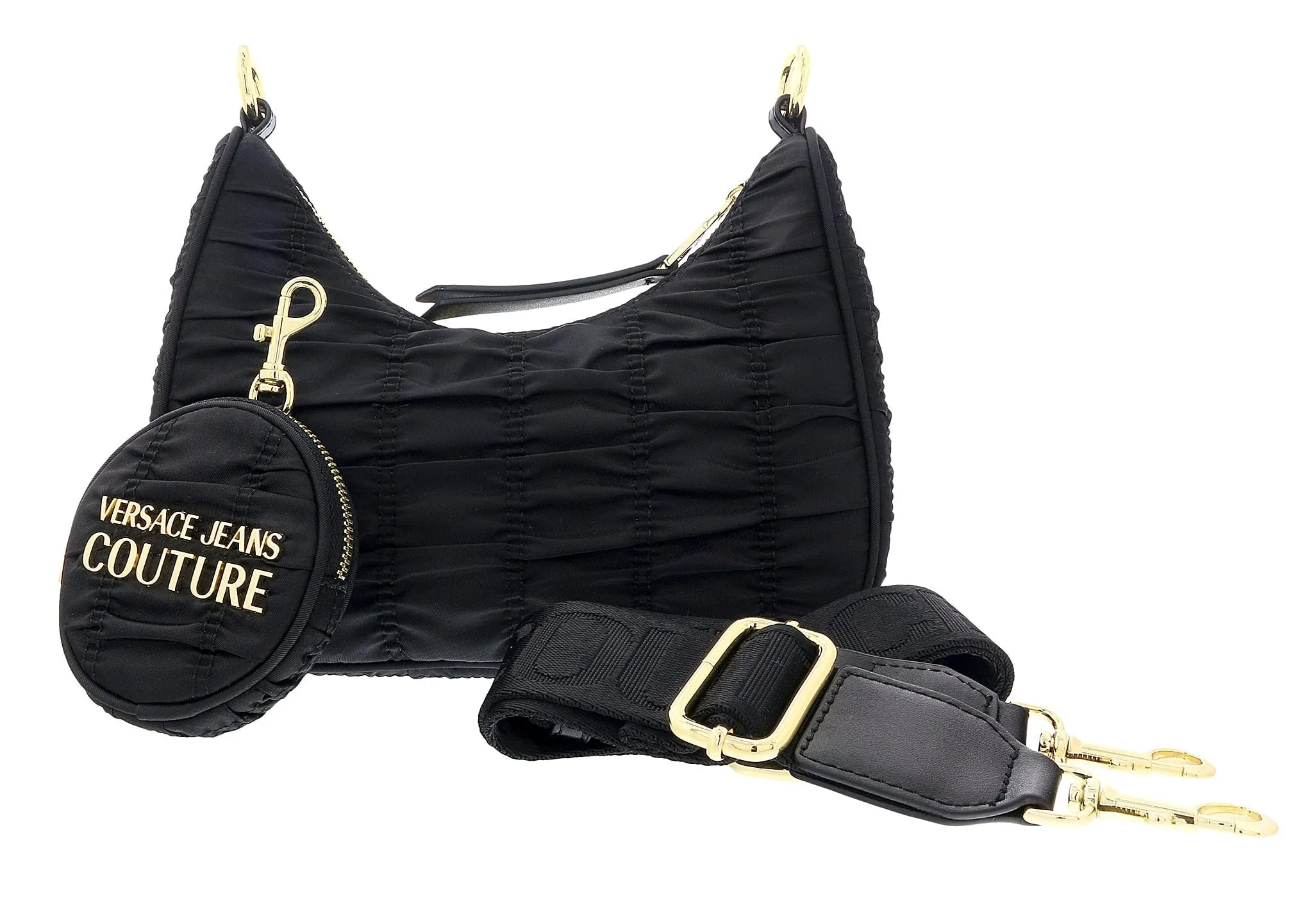 Versace Jeans Couture Black Medium Ruched Nylon Moon Shoulder Bag with Coin Purse